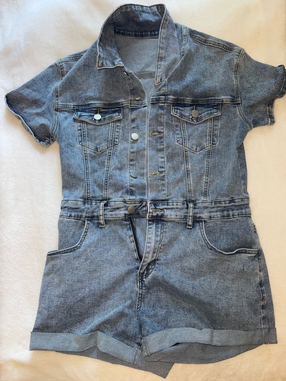 Women’s Short Sleeve Denim Romper - Light Blue
